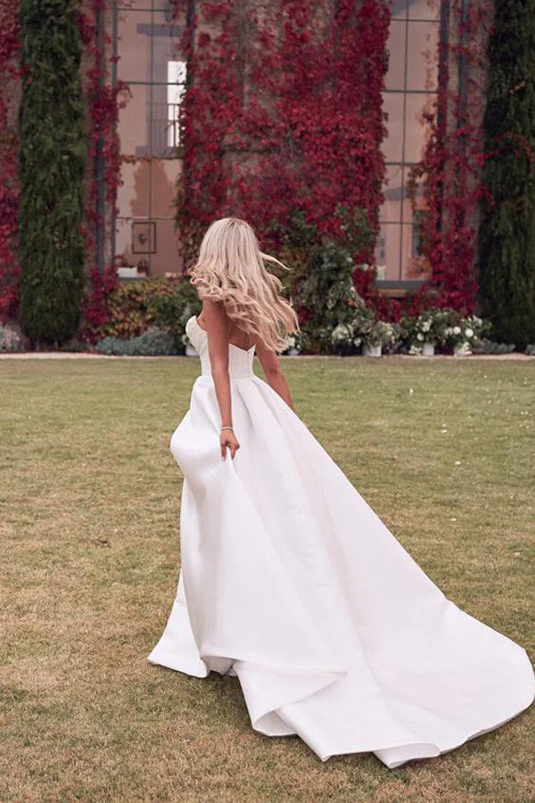 Ivory Satin A-line Strapless Court Train Wedding Dresses With Thigh Slit - Image 2