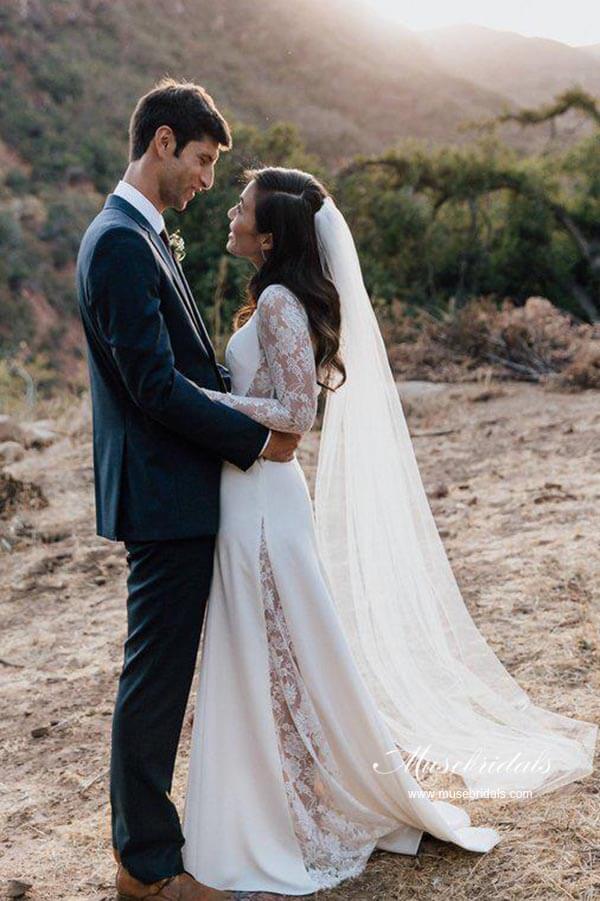 Ivory Sheath Satin Long Sleeves Rustic Wedding Dresses, Bridal Dress - Image 2
