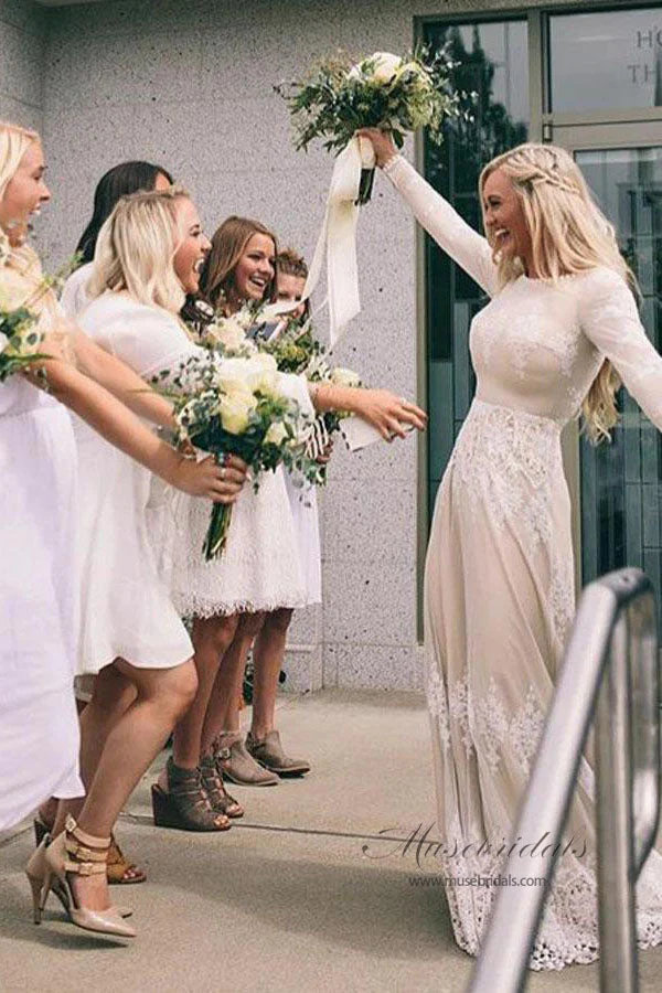 Ivory Tulle A-line Long Sleeves Bateau Wedding Dresses with Lace Appliques - Image 4