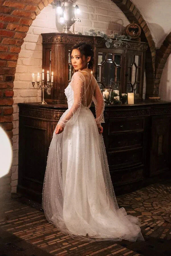 Ivory Tulle A-line Scoop Long Sleeves Beaded Bohemian Wedding Dresses - Image 2