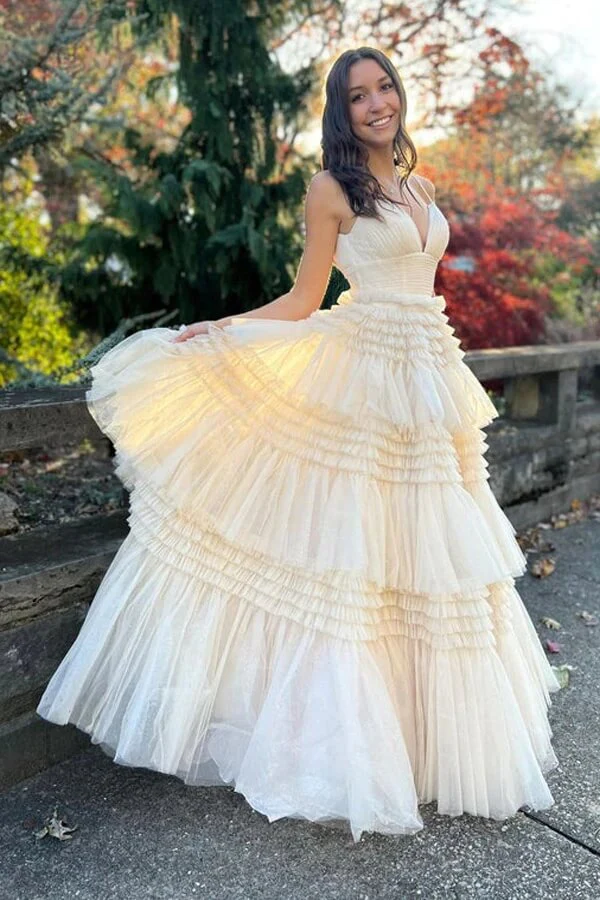Ivory Tulle Ball Gown Spaghetti Straps Split Prom Dresses, Evening Gown, MP677 - Image 3