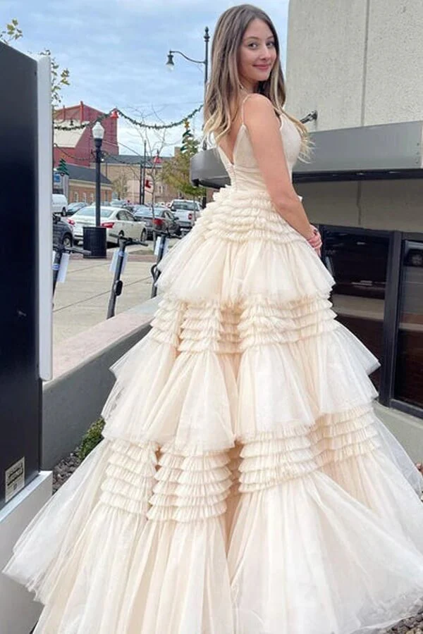 Ivory Tulle Ball Gown Spaghetti Straps Split Prom Dresses, Evening Gown, MP677 - Image 4