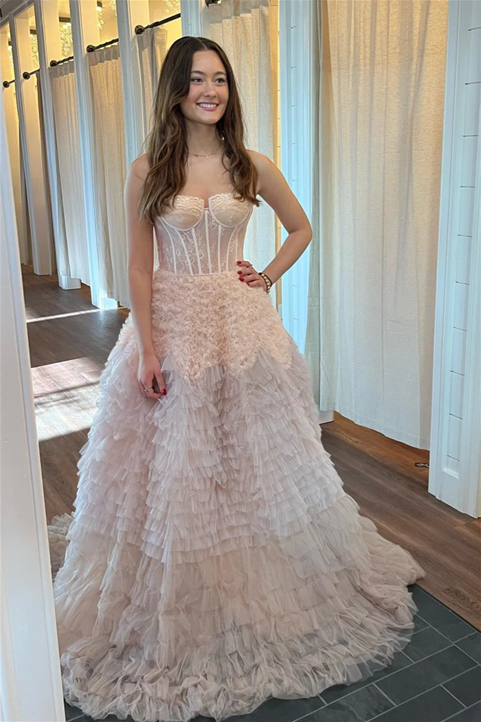 Ivory Tulle Ruffle Layers Boning A-Line Long Prom Dress - Image 2