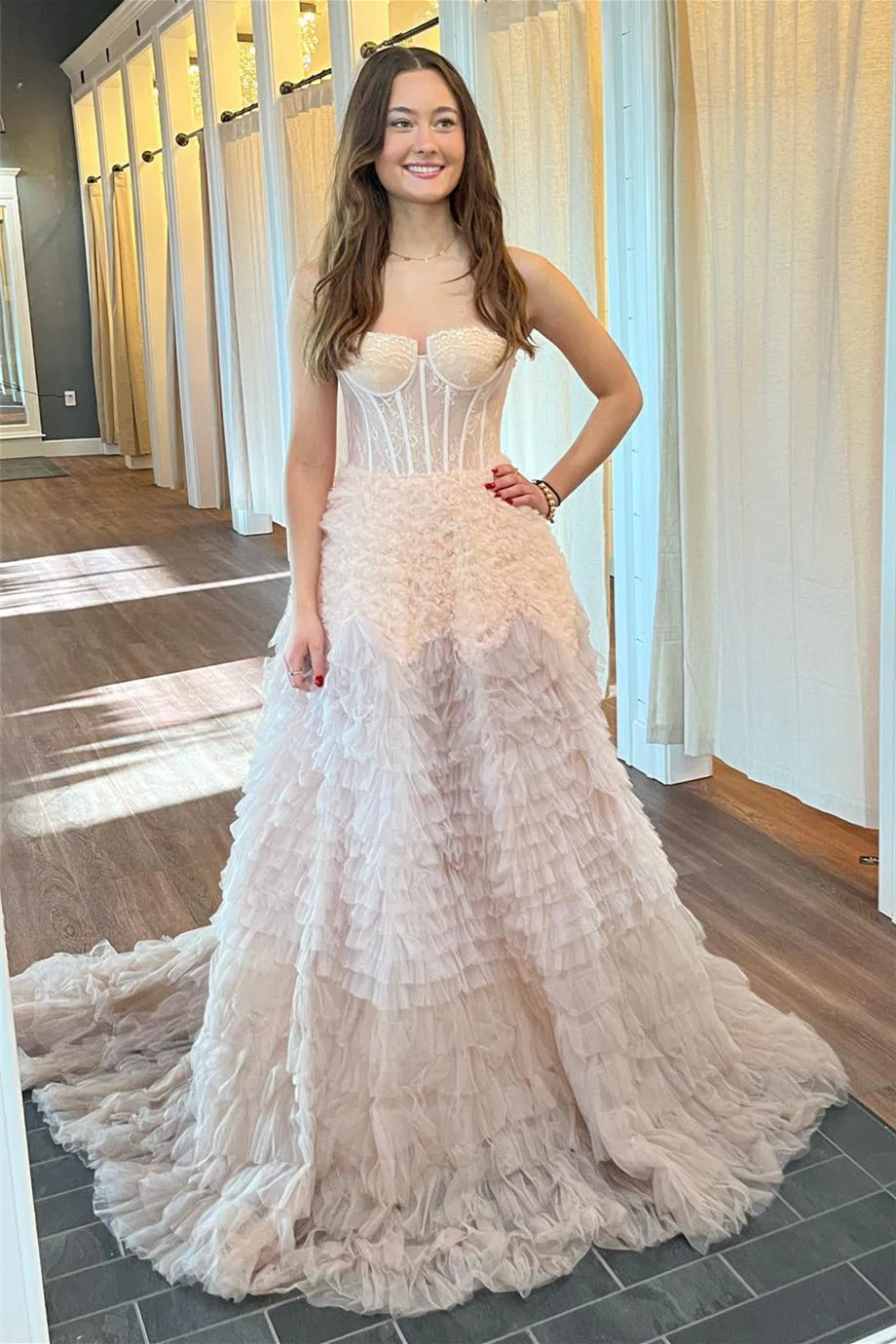 Ivory Tulle Ruffle Layers Boning A-Line Long Prom Dress - Image 3
