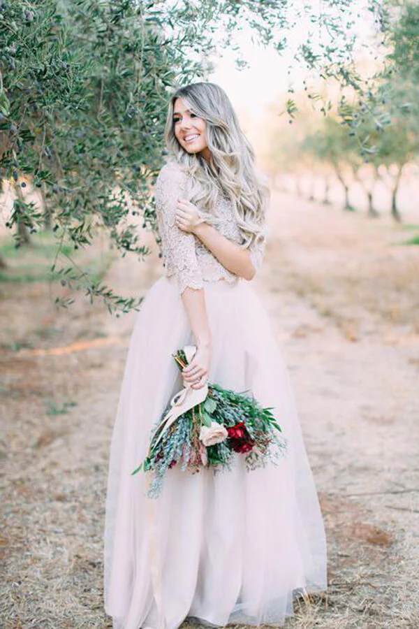 Ivory Two Pieces Long Sleeves Floor Length Rustic Wedding Dresses - Image 2