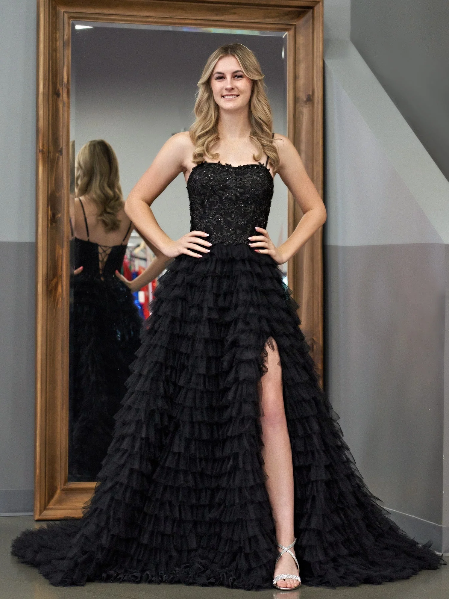 A-Line Tiered Sequins Tulle Long Prom Dress