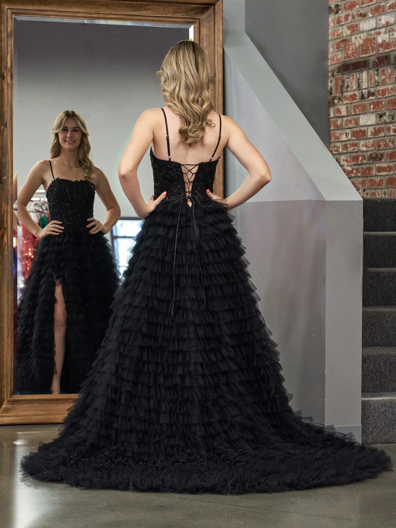 A-Line Tiered Sequins Tulle Long Prom Dress - Image 2