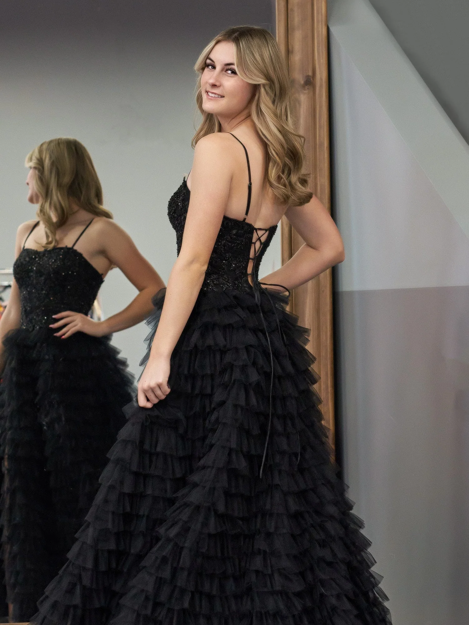 A-Line Tiered Sequins Tulle Long Prom Dress - Image 4