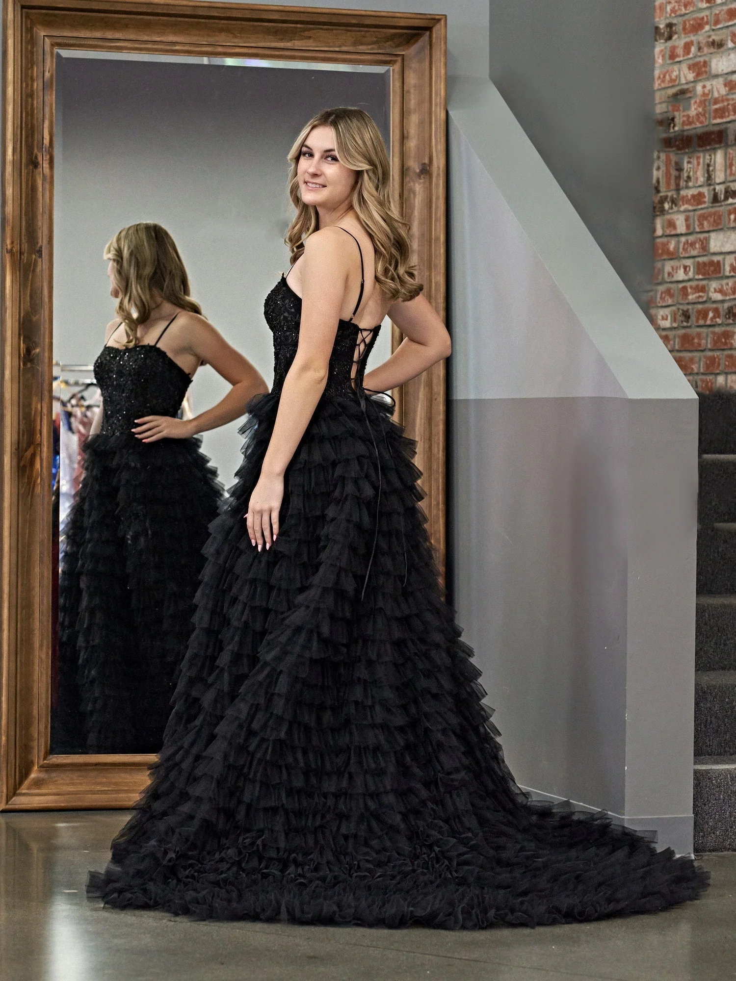 A-Line Tiered Sequins Tulle Long Prom Dress - Image 5