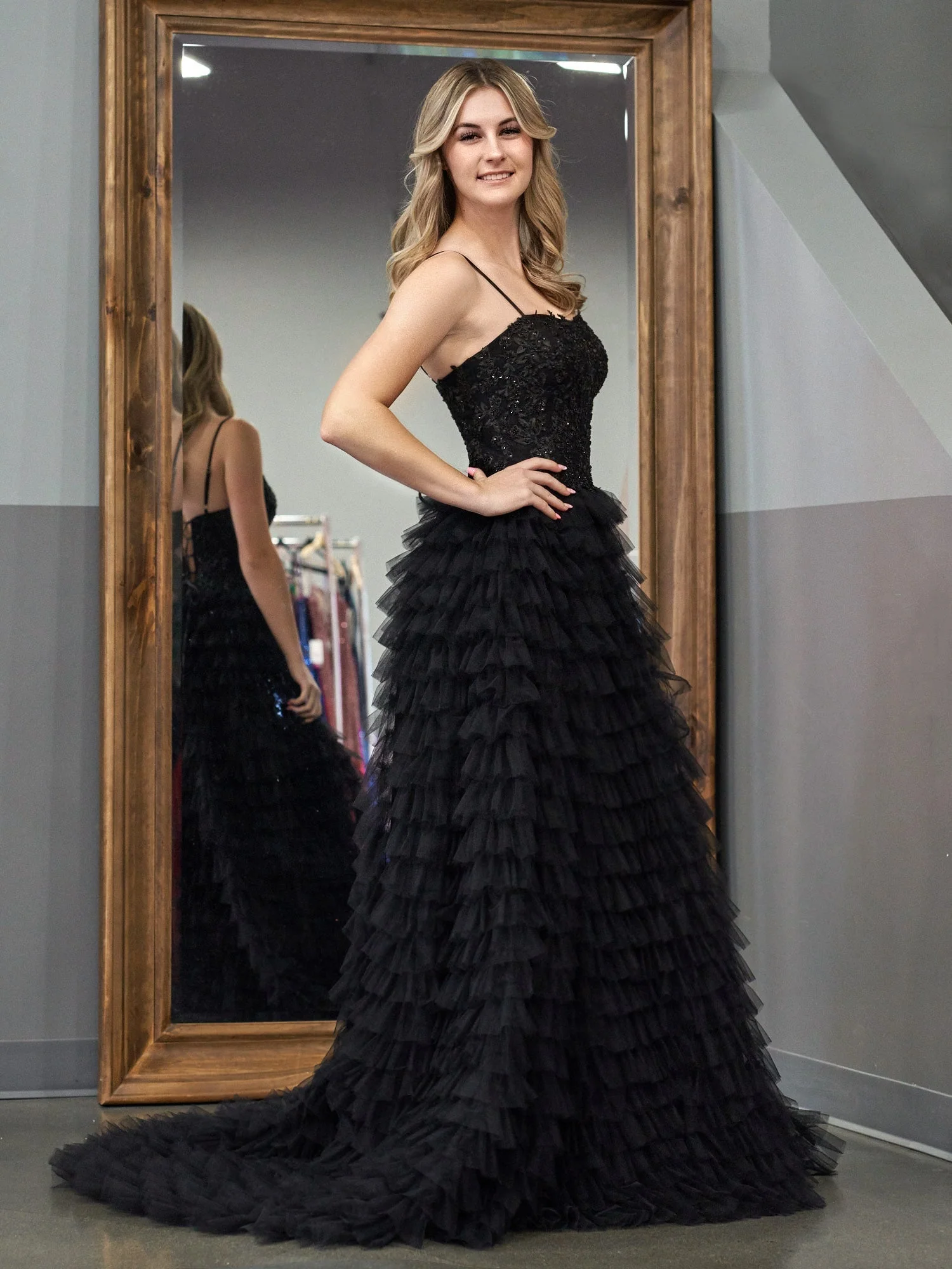 A-Line Tiered Sequins Tulle Long Prom Dress - Image 6