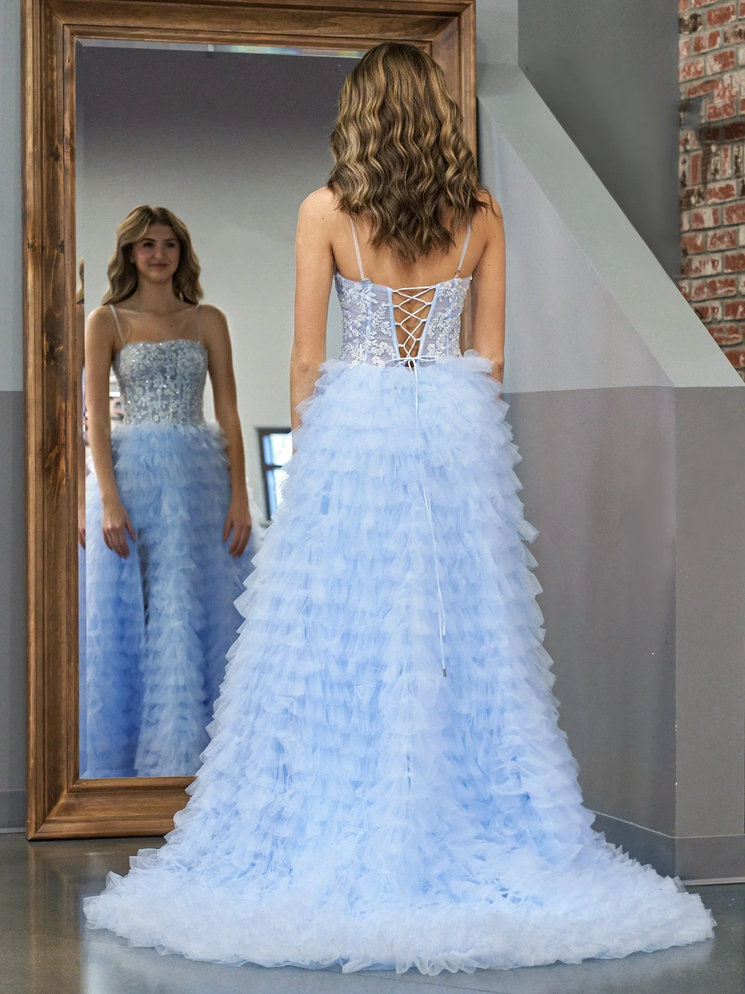 Sky Blue A-Line Tiered Sequins Tulle Long Prom Dress - Image 6