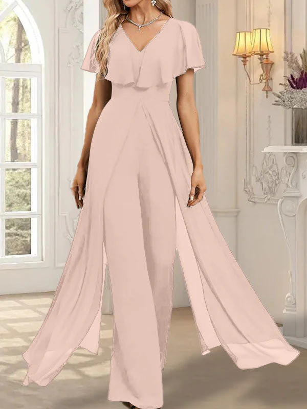 Jumpsuit/Pantsuit V-Neck Floor-Length Chiffon Evening Dress - Image 17