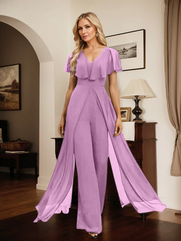 Jumpsuit/Pantsuit V-Neck Floor-Length Chiffon Evening Dress - Image 56