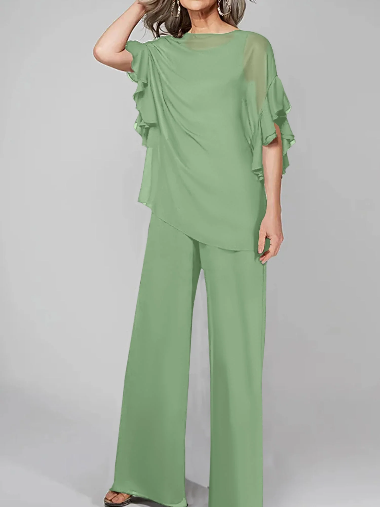 Jumpsuits Scoop Half Sleeves Chiffon Mother Of The Bride Pantsuits - Image 16