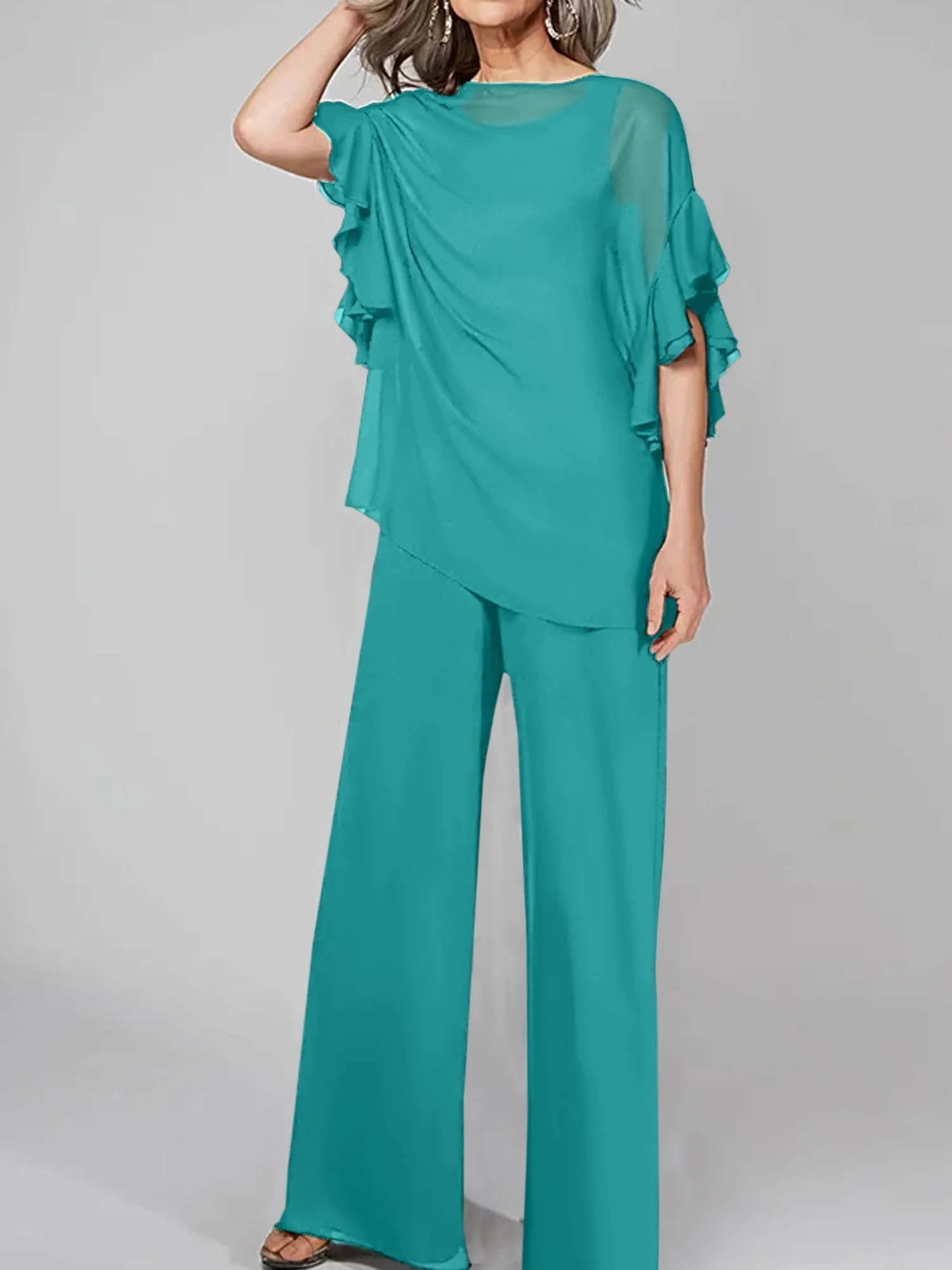 Jumpsuits Scoop Half Sleeves Chiffon Mother Of The Bride Pantsuits - Image 5