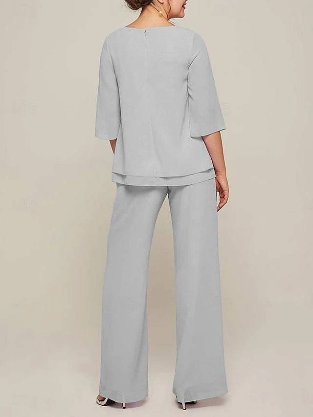 Jumpsuits Scoop Half Sleeves Chiffon Mother Of The Bride Pantsuits with Ruffles - Image 3