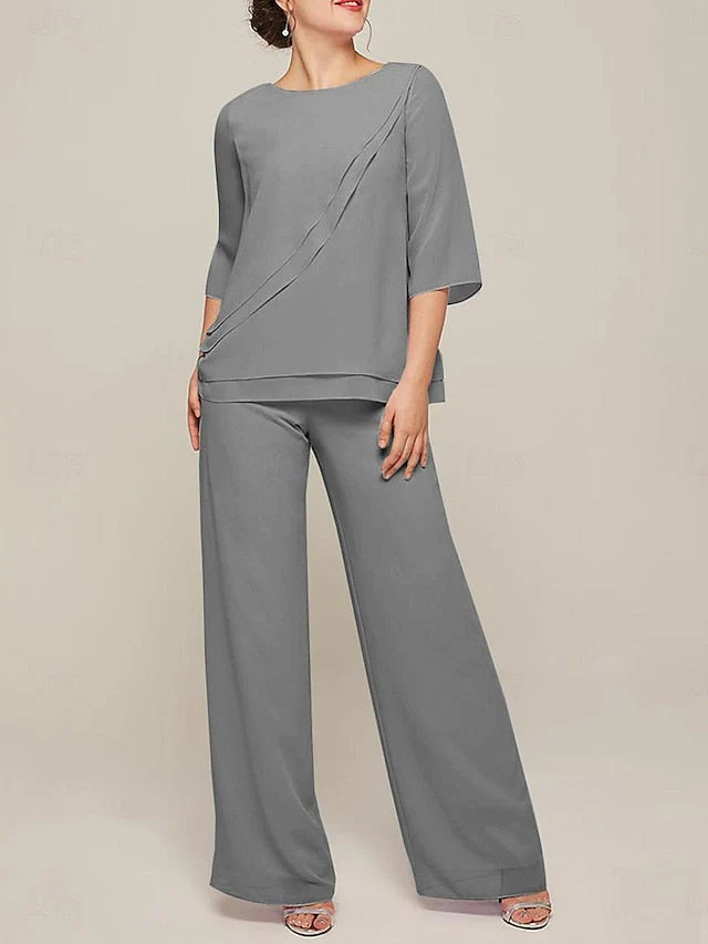 Jumpsuits Scoop Half Sleeves Chiffon Mother Of The Bride Pantsuits with Ruffles - Image 5