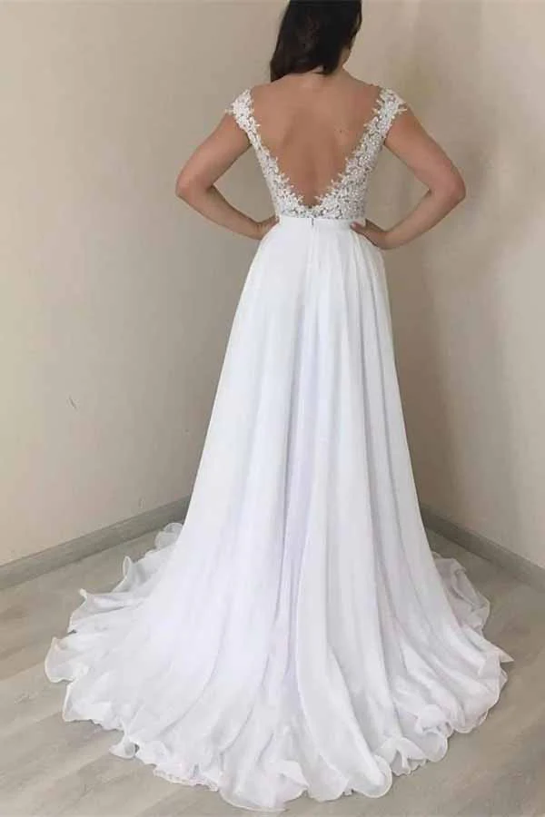 Lace A-line V-neck Cap Sleeves Wedding Dresses, Chiffon Wedding Gown - Image 2