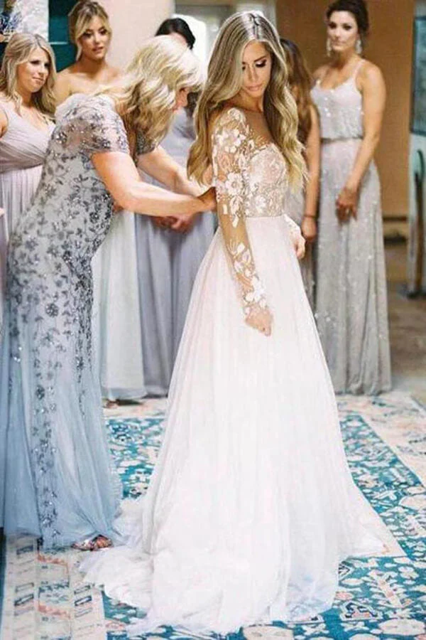 Lace Backless A-Line V-neck Long Sleeves Wedding Dresses, Bridal Dresses - Image 2