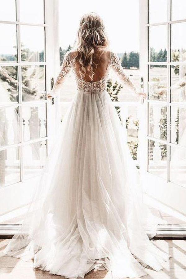 Lace Backless A-Line V-neck Long Sleeves Wedding Dresses, Bridal Dresses - Image 3