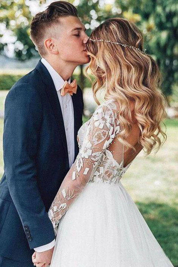 Lace Backless A-Line V-neck Long Sleeves Wedding Dresses, Bridal Dresses - Image 4