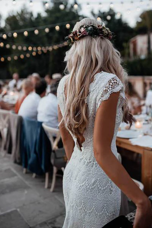Lace Boho Mermaid Backless Cap Sleeve Bohemian Wedding Dresses - Image 2
