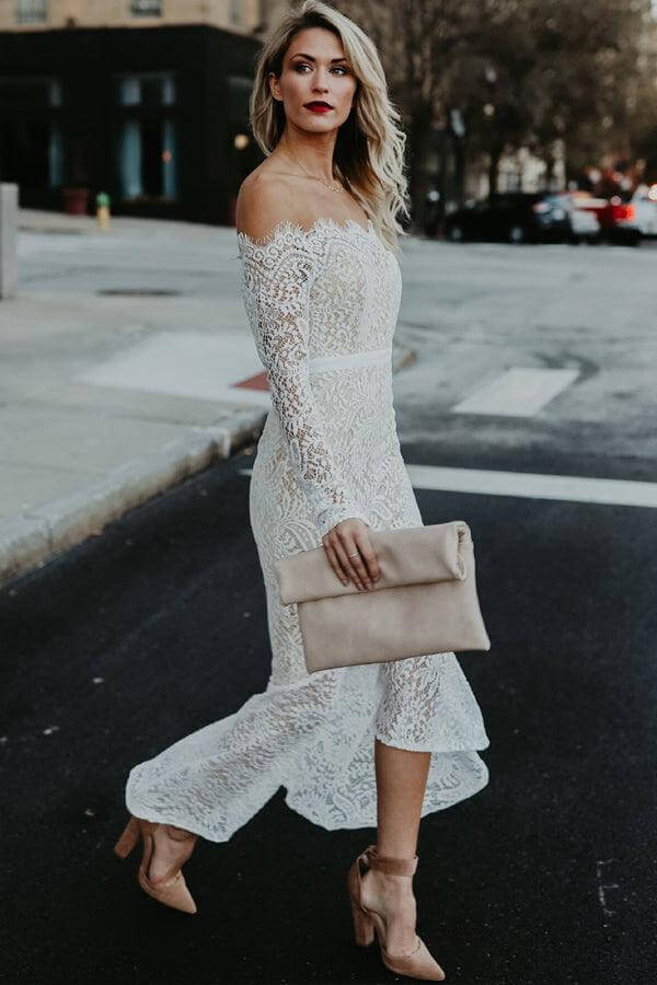 Lace Mermaid Off Shoulder High Low Long Sleeves Wedding Dresses - Image 2