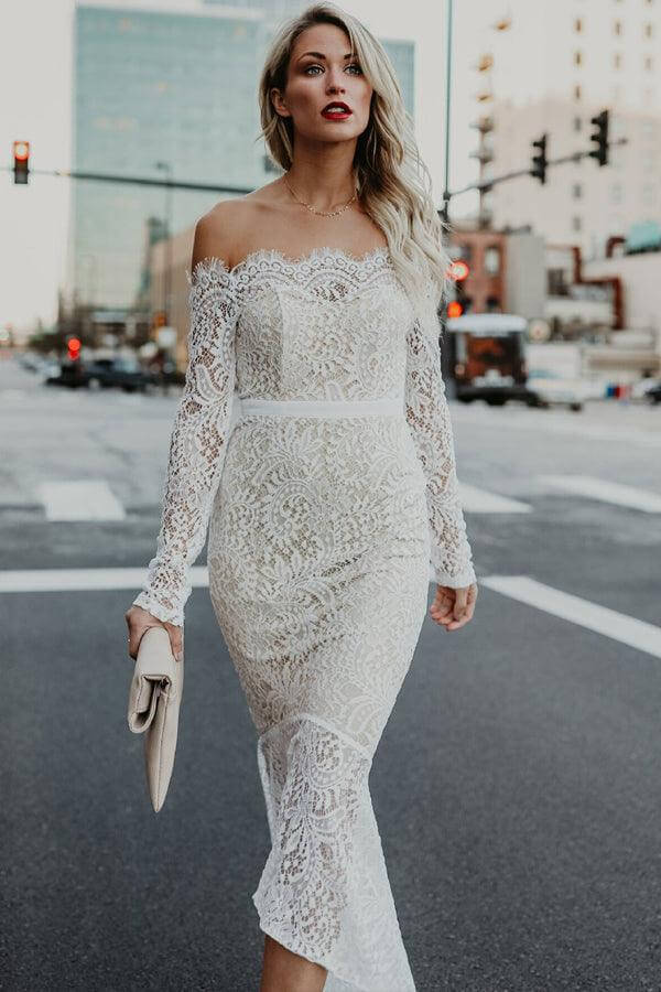 Lace Mermaid Off Shoulder High Low Long Sleeves Wedding Dresses - Image 3