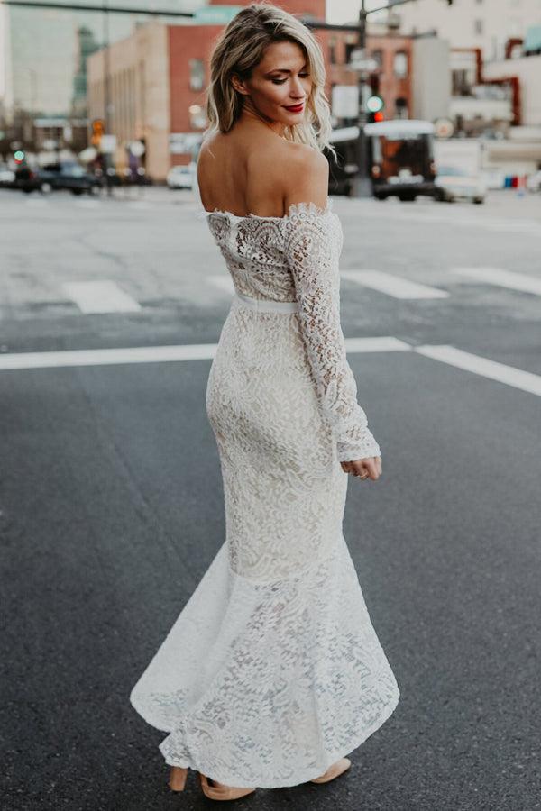Lace Mermaid Off Shoulder High Low Long Sleeves Wedding Dresses - Image 4