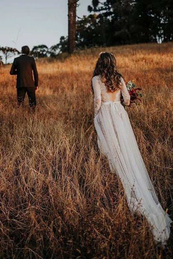 Lace Polka Dot Boho with Sleeves Bohemian Wedding Dress,MW274 - Image 2