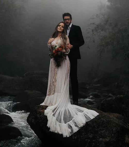 Lace Polka Dot Boho with Sleeves Bohemian Wedding Dress,MW274 - Image 5