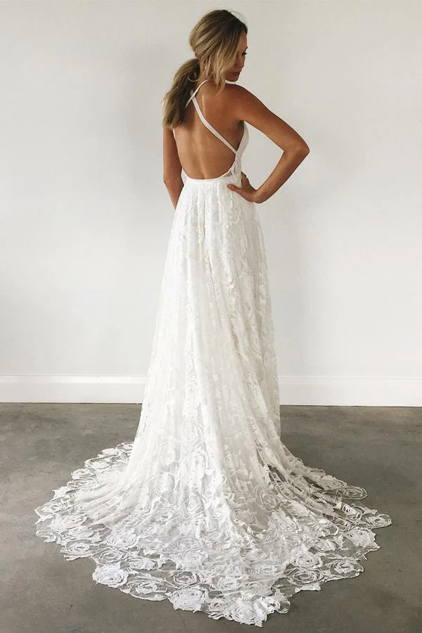 Lace Spaghetti Straps Criss-Cross Straps Wedding Dress With Sweep Train - Image 2