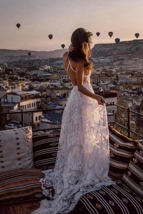 Lace Spaghetti Straps Criss-Cross Straps Wedding Dress With Sweep Train - Image 3