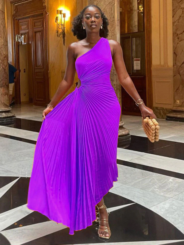 Lady Roll Waist Sleeveless Pleated Ruched A-line Dress Women One Shoulder Sexy Prom Evening Dresses Fahion Chothing - Image 12