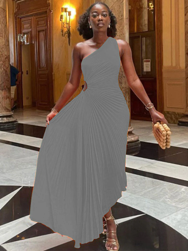 Lady Roll Waist Sleeveless Pleated Ruched A-line Dress Women One Shoulder Sexy Prom Evening Dresses Fahion Chothing - Image 13