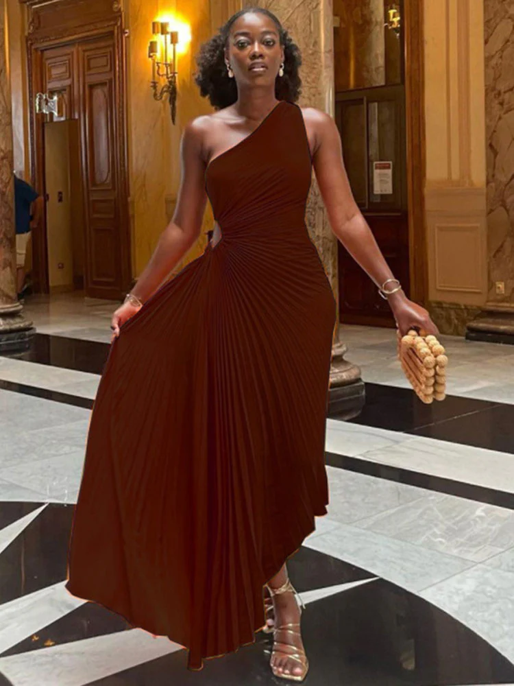 Lady Roll Waist Sleeveless Pleated Ruched A-line Dress Women One Shoulder Sexy Prom Evening Dresses Fahion Chothing - Image 17
