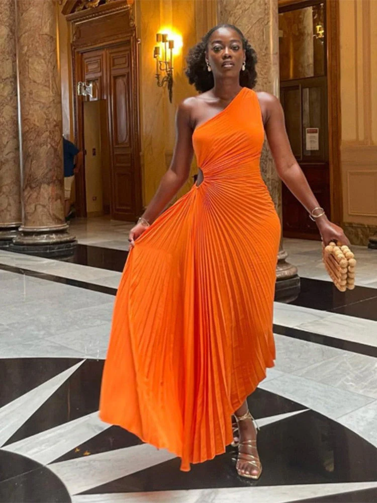 Lady Roll Waist Sleeveless Pleated Ruched A-line Dress Women One Shoulder Sexy Prom Evening Dresses Fahion Chothing - Image 2