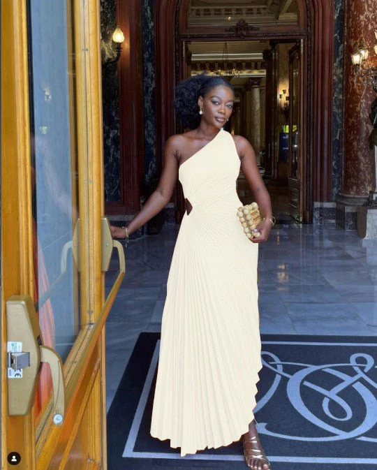 Lady Roll Waist Sleeveless Pleated Ruched A-line Dress Women One Shoulder Sexy Prom Evening Dresses Fahion Chothing - Image 4
