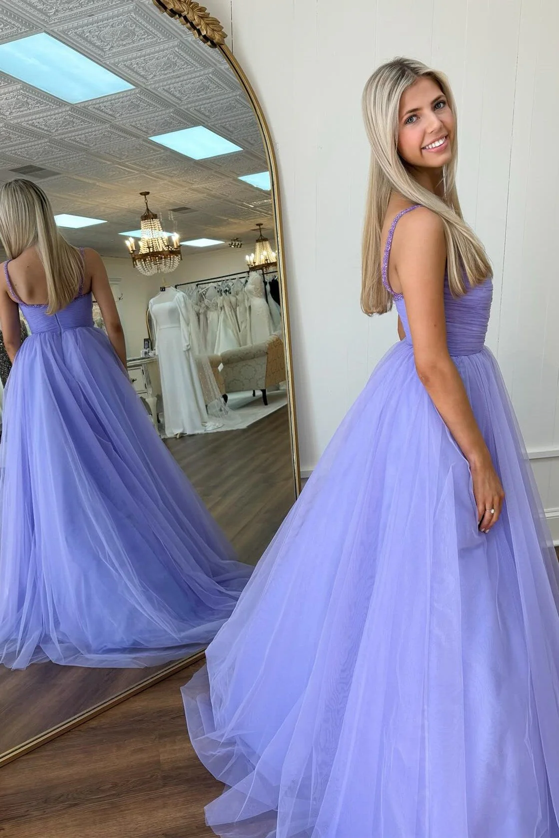 Lavender Beaded Surplice Tulle Prom Dress - Image 2