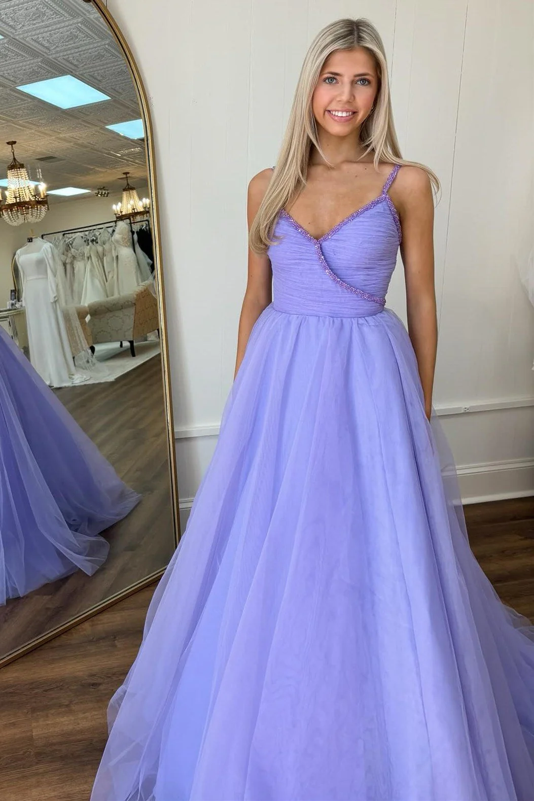 Lavender Beaded Surplice Tulle Prom Dress - Image 3