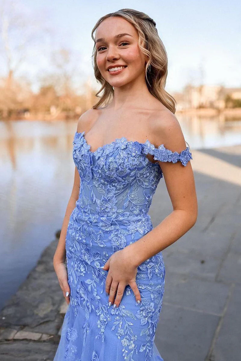 Off the Shoulder Tulle Appliques Mermaid Long Prom Dresses - Image 4