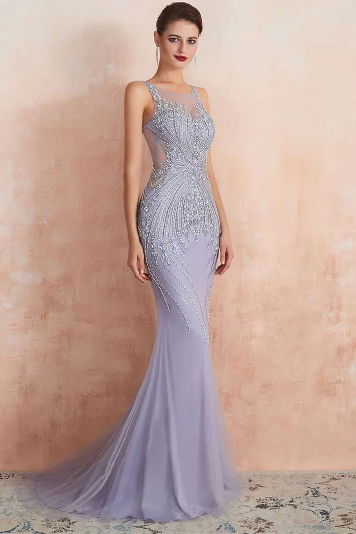Lavender Round-Neck Sleeveless Mermaid Dress with Beading - Image 2