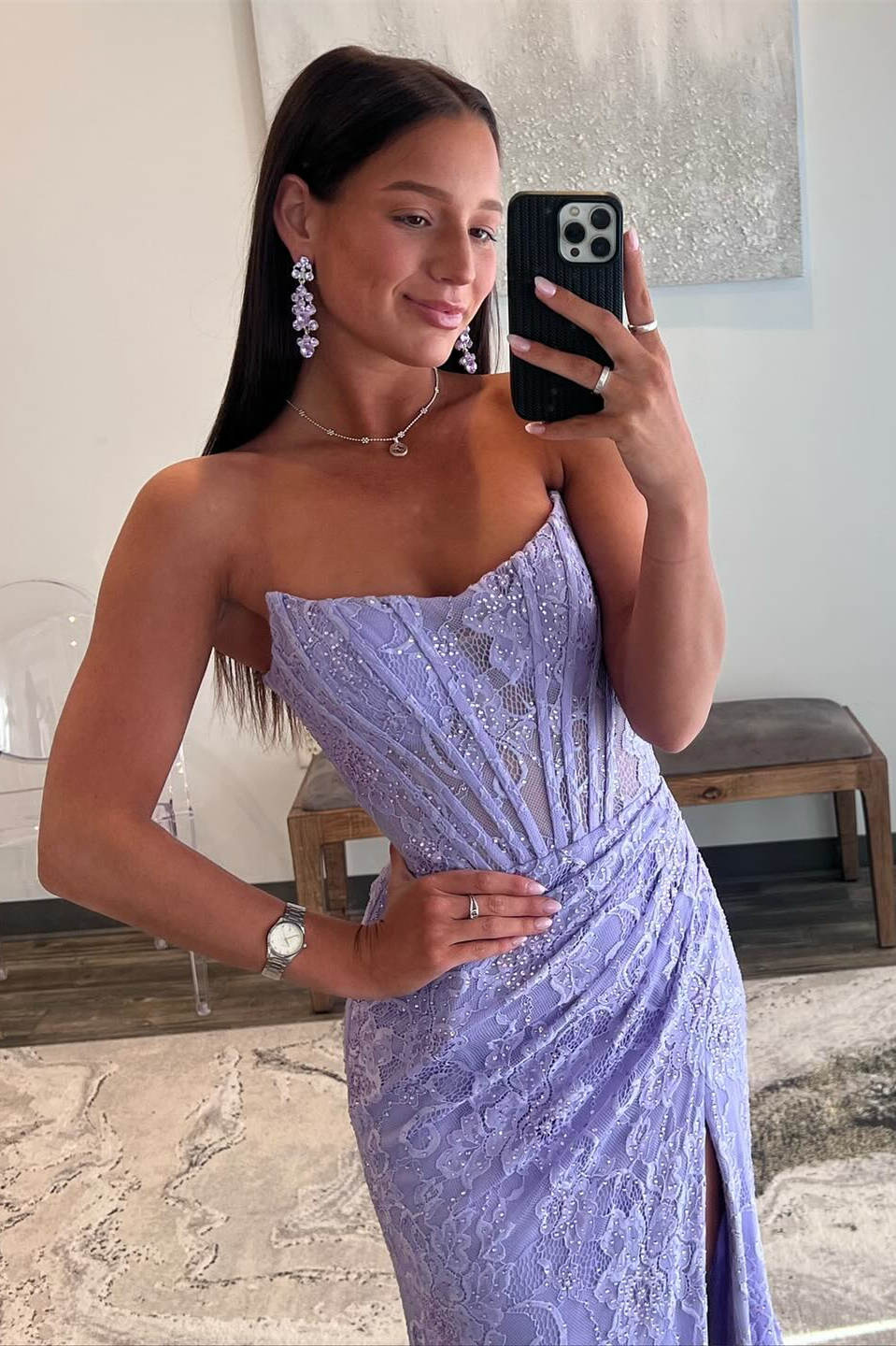 Lavender Strapless Lace Ruched Mermaid Prom Dress with Slit - Image 4