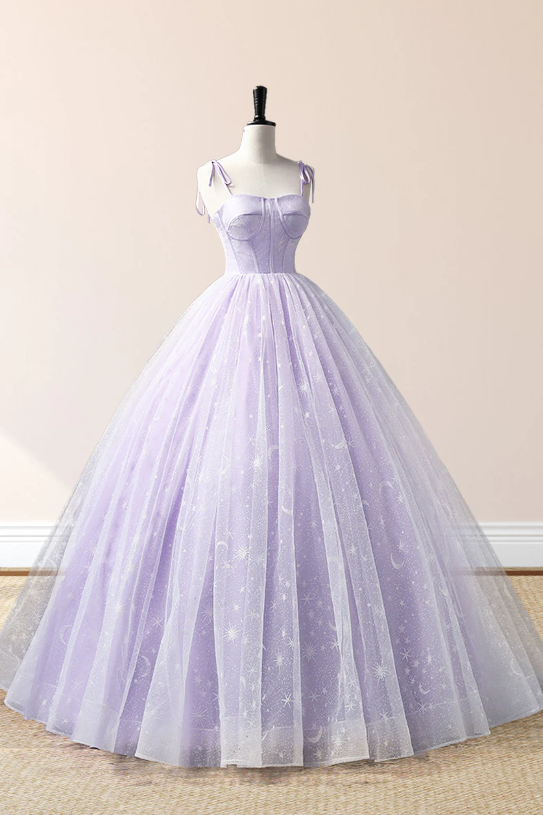Lavender Tulle Straps Floor Length Evening Dress, Lavender A-Line Prom Dress - Image 4