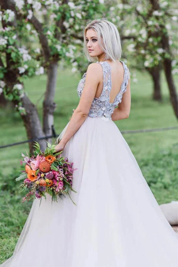 Layered Plunging Neck V-Back Long Wedding Dress with Colored Appliques - Image 2