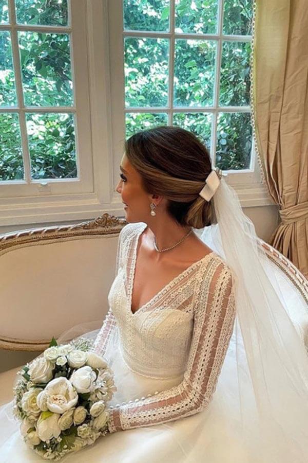 Layered Tulle Ball Gown Lace V-neck Long Sleeves Wedding Dresses - Image 3
