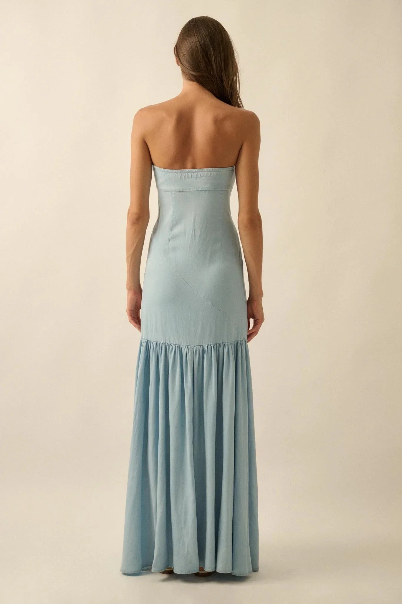 Light Blue Chambray Maxi Dresses with Strapless Neckline High Side Slit Ruffled Hem for Beach Vacation and Weekend Outing - Image 6