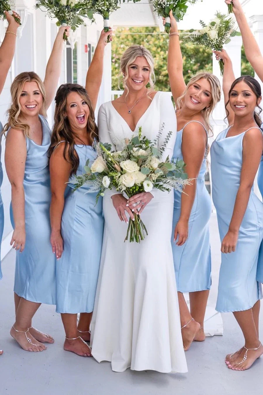 Light Blue Cowl Neck Straps Calf-Length Bridesmaid Dress