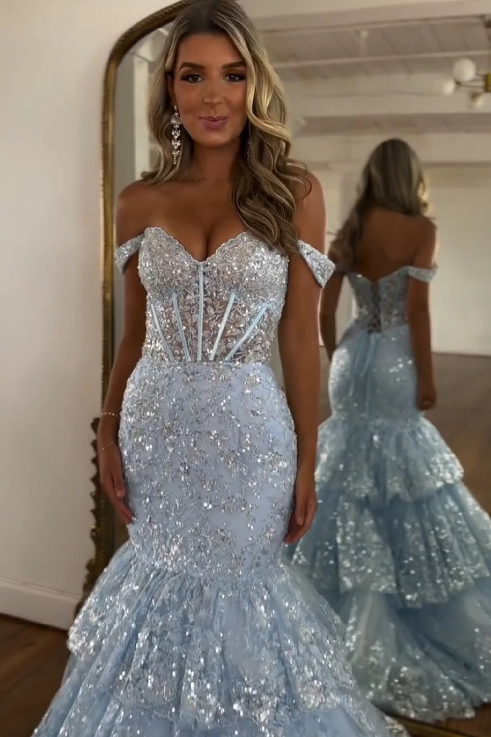 Mermaid Off the Shoulder Tulle Tiered Long Corset Prom Dress with Sequins - Image 4