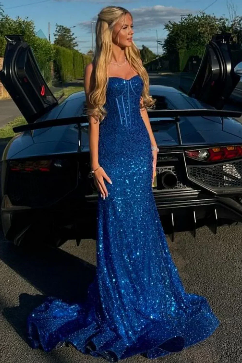 Light Blue Mermaid Spaghetti Straps Long Beaded Prom Dress - Image 5